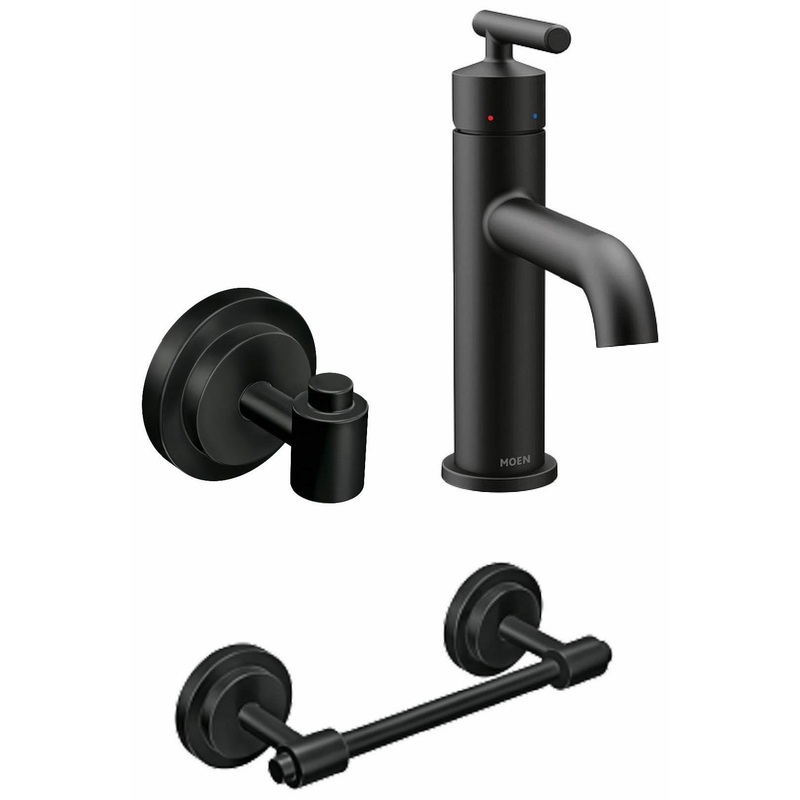 Gibson Single Hole Bathroom Faucet with ISO Robe Hook and Toilet Paper Holder – Matte Black BDL-6145BL/ROBE-PAPER Moen