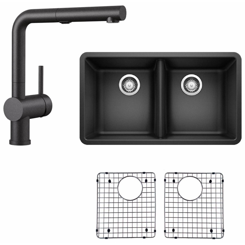 Horizon Undermount Sink with Linus Kitchen Faucet and Sink Grids – Anthracite BDL-401267/526367 Blanco