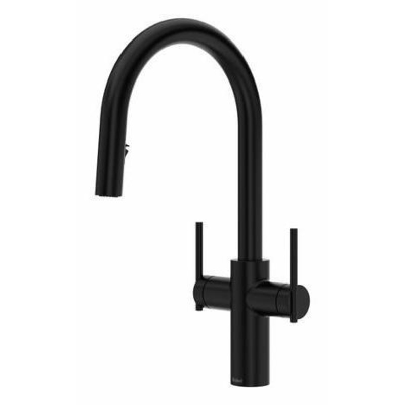 Lateral Two Handle Kitchen Faucet with Pulldown Spray with C-Spout – Black LT801BK RIOBEL