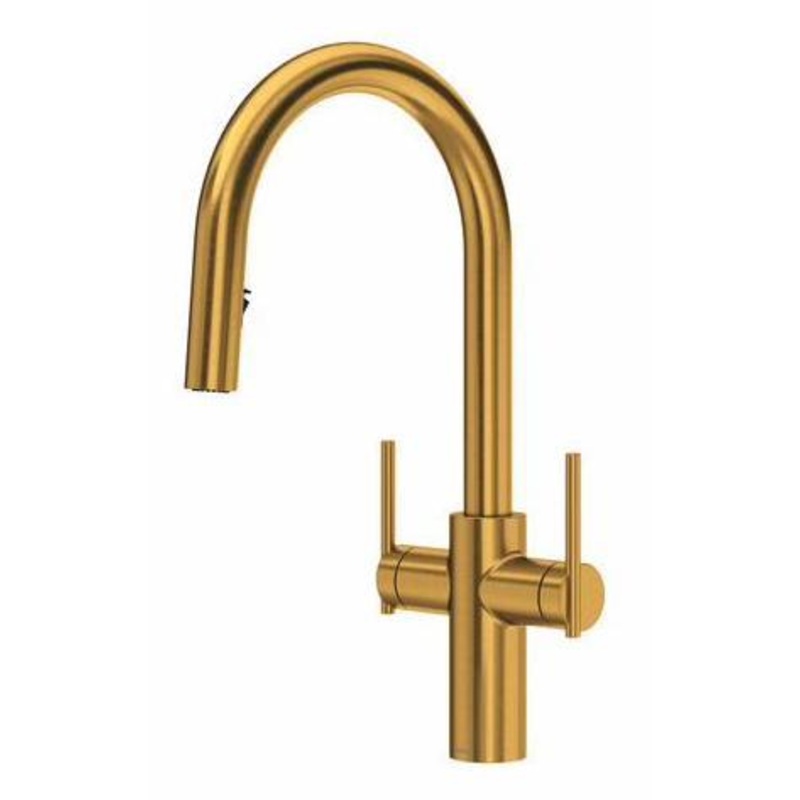 Lateral Two Handle Kitchen Faucet with Pulldown Spray with C-Spout – Brushed Gold LT801BG RIOBEL