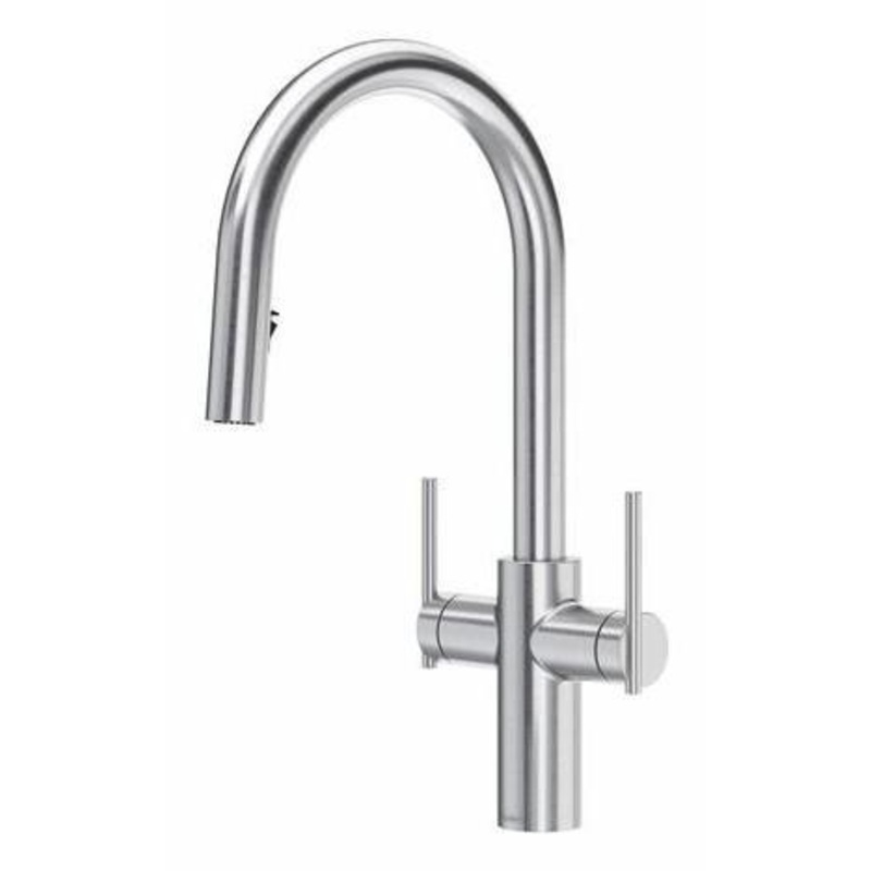 Lateral Two Handle Kitchen Faucet with Pulldown Spray with C-Spout – Stainless Steel LT801SS RIOBEL
