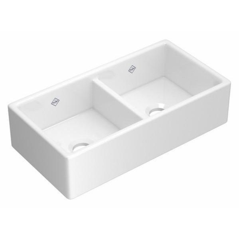 Shaker 35″ Double Bowl Farmhouse Apron Front Fireclay Kitchen Sink – White (WH) MS3518WH Shaws