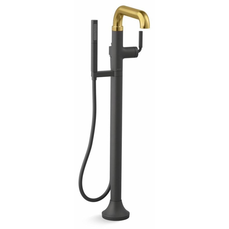 Tone Floor Mount Tub Filler with Hand Shower – Matte Black With Moderne Brass T27424-4-BMB Kohler