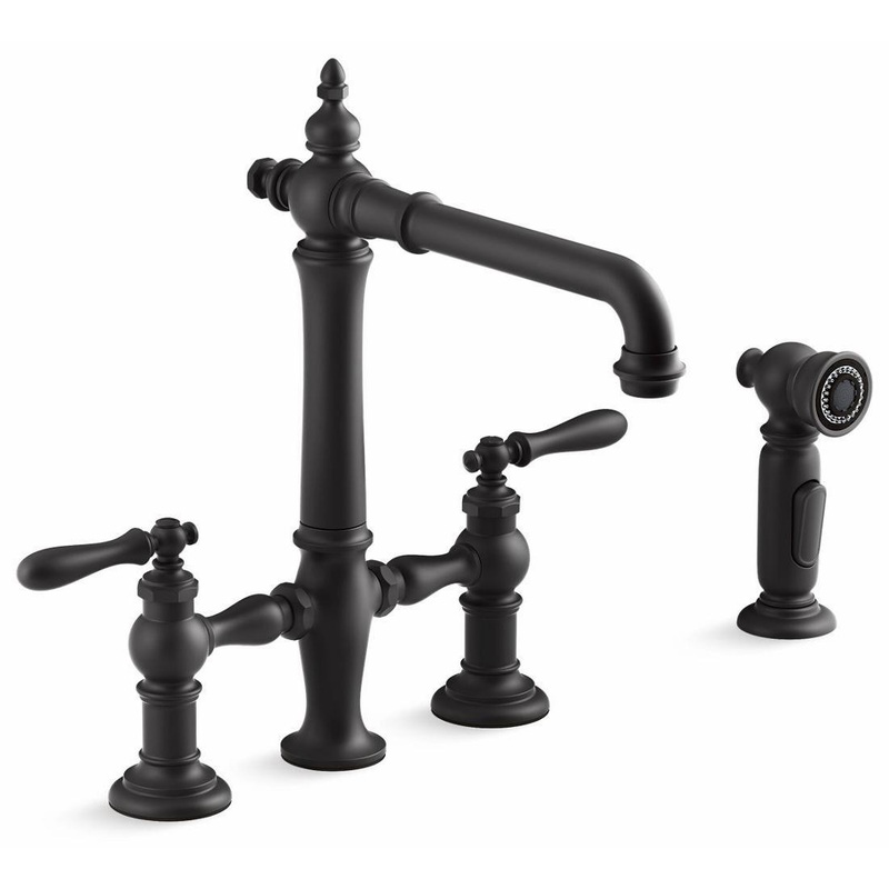 Artifacts 2-Hole Bridge Kitchen Faucet with Side Spray – Matte Black 76519-4-BL Kohler
