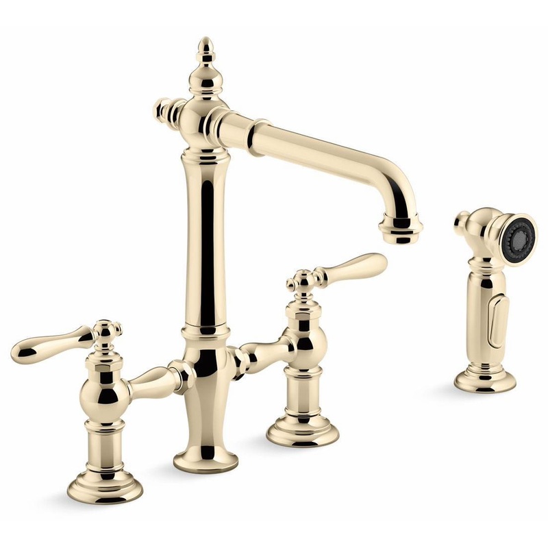 Artifacts 2-Hole Bridge Kitchen Faucet with Side Spray – Vibrant French Gold 76519-4-AF Kohler