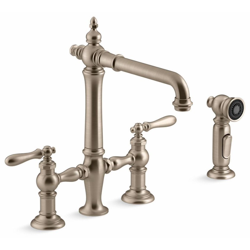 Artifacts 2-Hole Bridge Kitchen Faucet with Side Spray – Vibrant Brushed Bronze 76519-4-BV Kohler