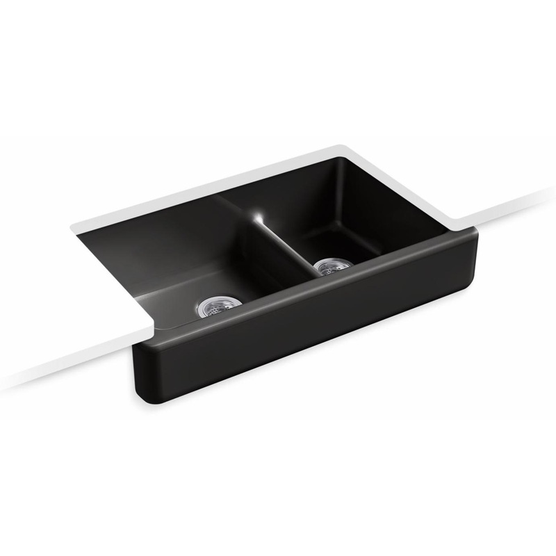 Whitehaven Smart Divide 35-1/2″ 1.75 Bowl Undermount Farmhouse Kitchen Sink with Short Apron – Black Black 6426-7 Kohler
