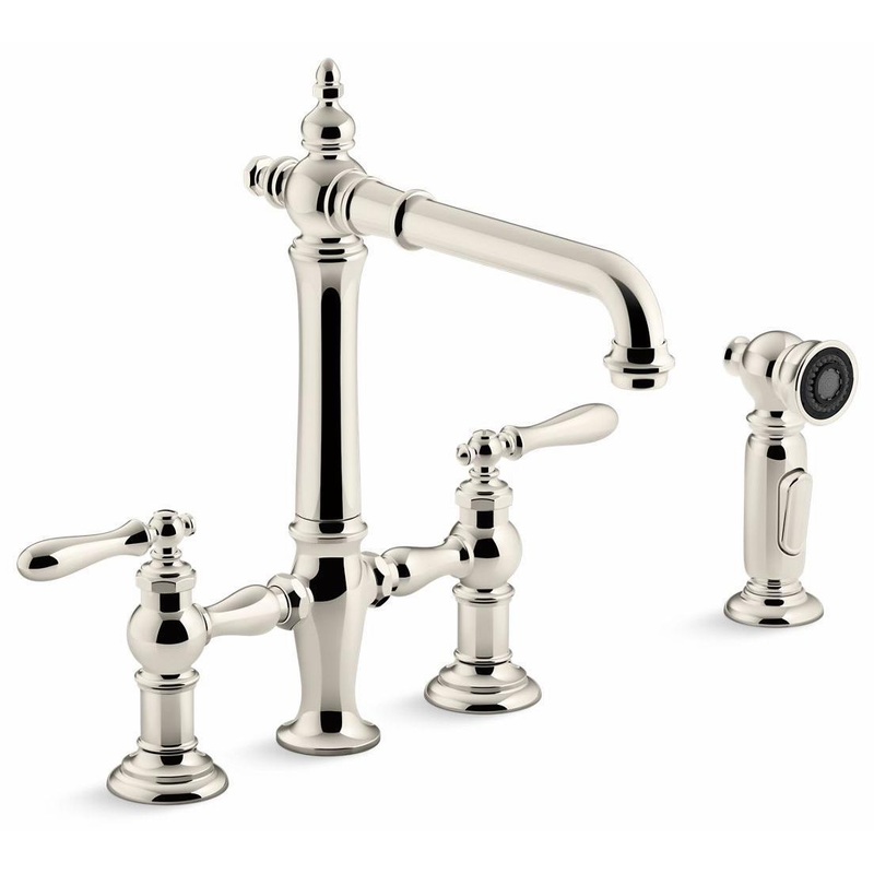 Artifacts 2-Hole Bridge Kitchen Faucet with Side Spray – Vibrant Polished Nickel 76519-4-SN Kohler