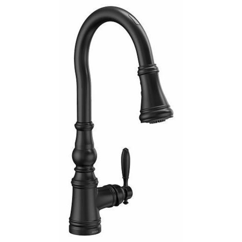 Weymouth Motion Control Smart Kitchen Faucet with Pulldown Spray – Matte Black S73004EV2BL Moen