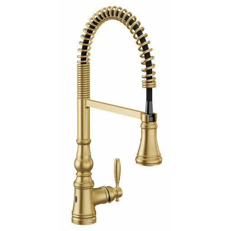 Weymouth MotionSense Wave Pre-Rinse Kitchen Faucet with Spring Pulldown Spray – Brushed Gold S73104EWBG Moen