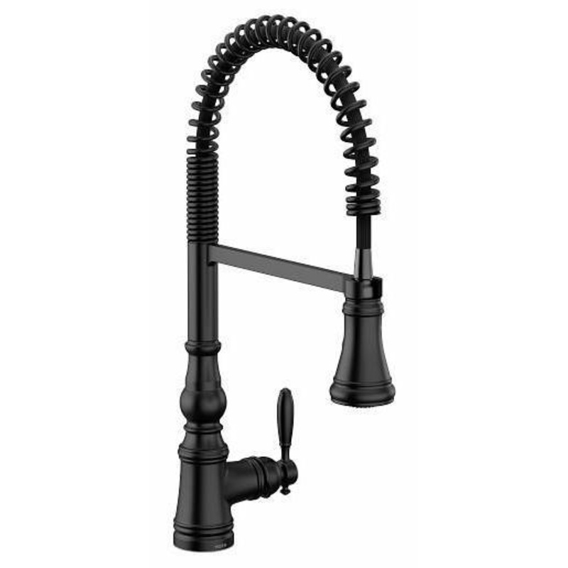 Weymouth Pre-Rinse Kitchen Faucet with Spring Pulldown Spray – Matte Black S73104BL Moen